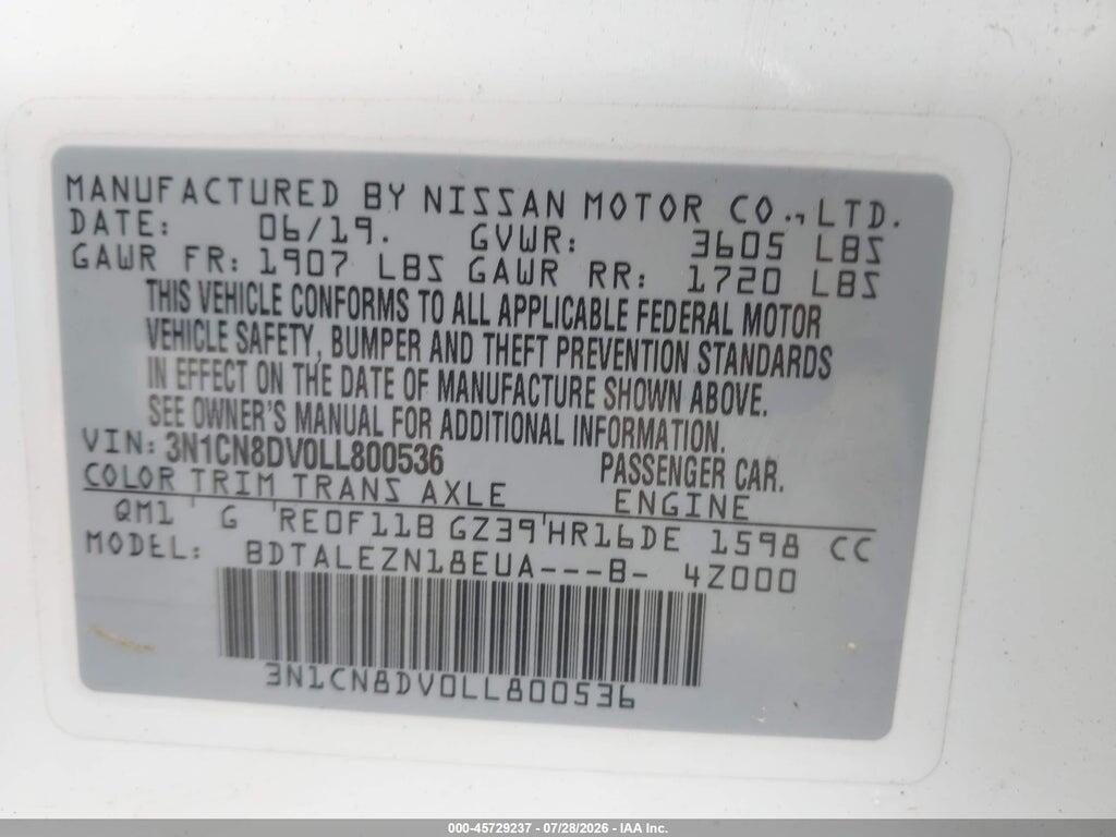 3N1CN8DV0LL800536 2020 NISSAN VERSA photo no. 9