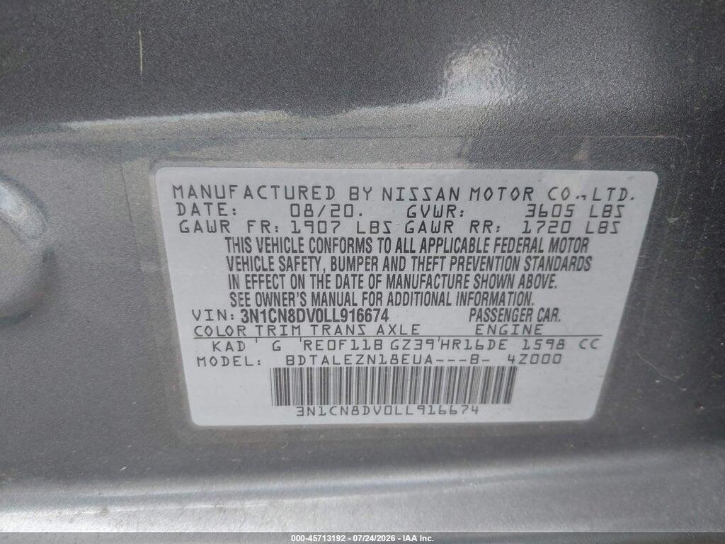 3N1CN8DV0LL916674 2020 NISSAN VERSA photo no. 9