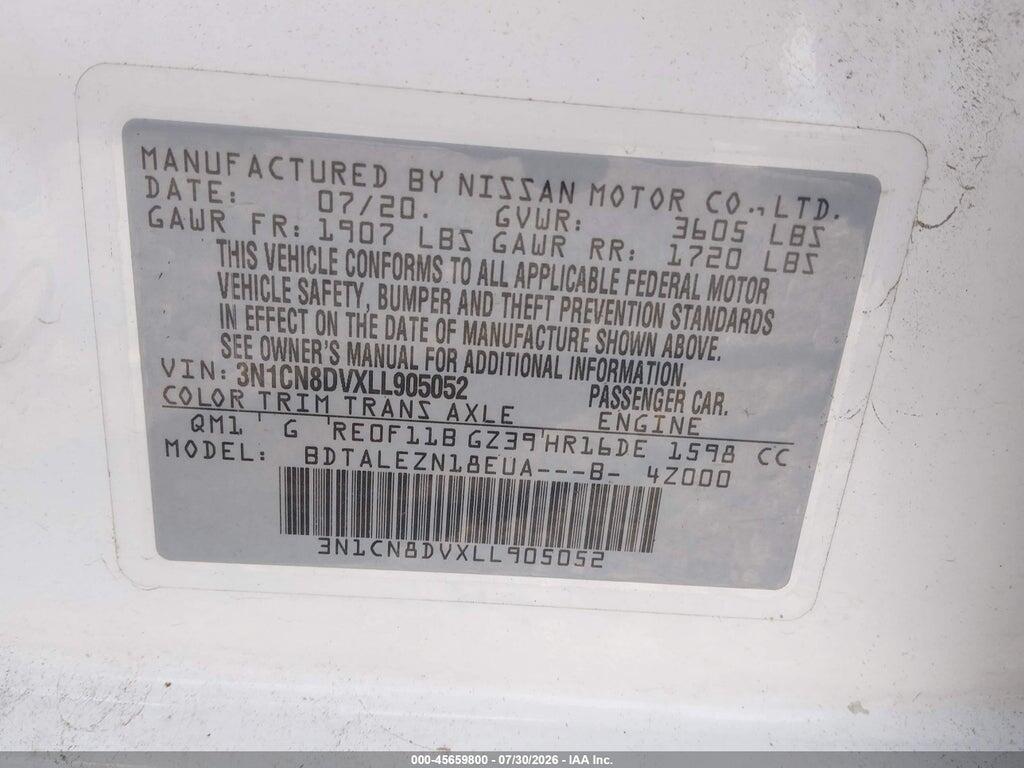 3N1CN8DVXLL905052 2020 NISSAN VERSA photo no. 9