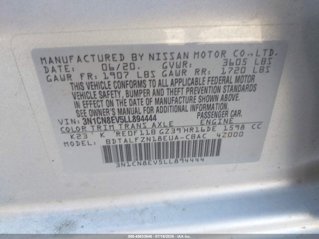 3N1CN8EV5LL894444 2020 NISSAN VERSA photo no. 9
