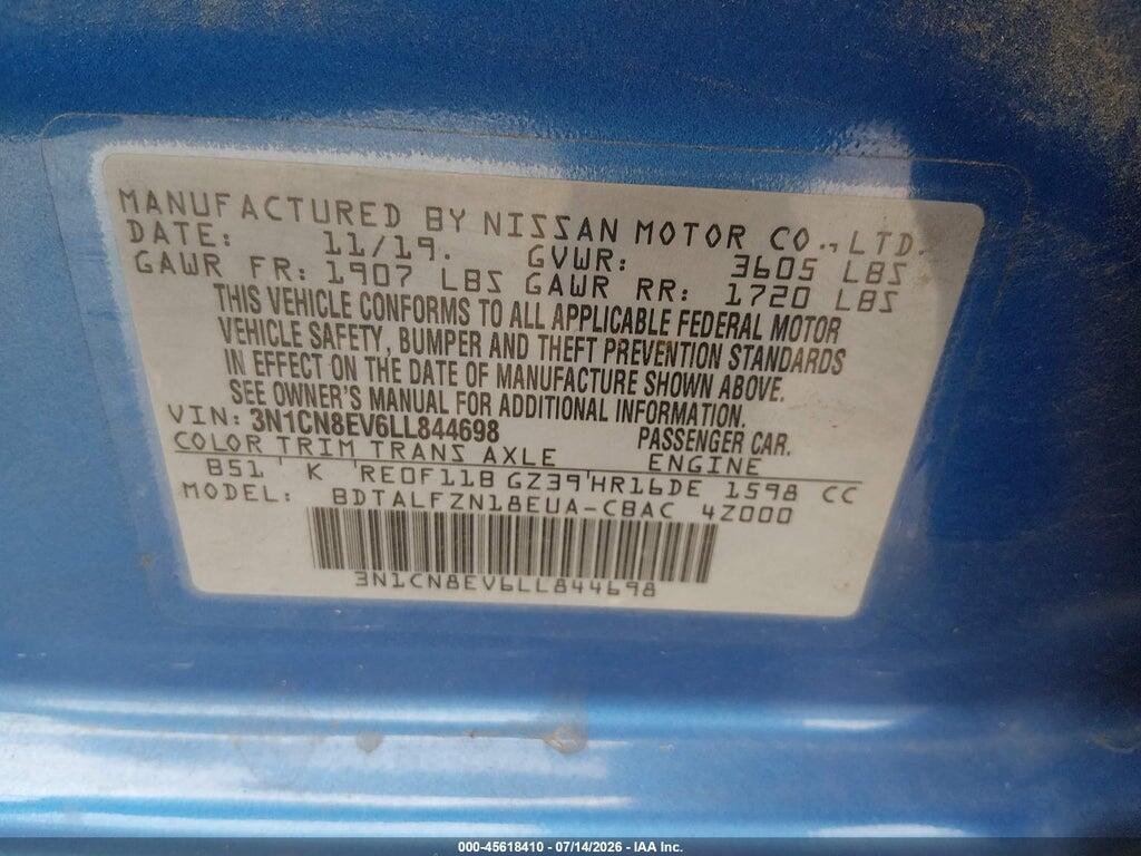 3N1CN8EV6LL844698 2020 NISSAN VERSA photo no. 9