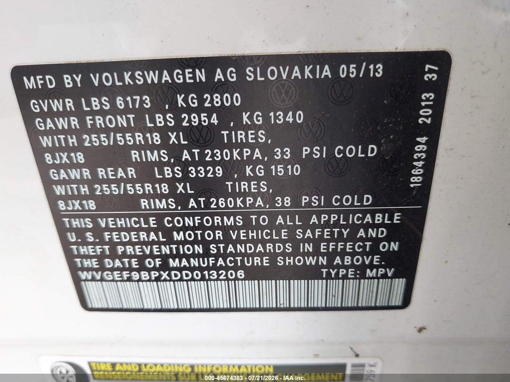WVGEF9BPXDD013206 2013 VOLKSWAGEN TOUAREG photo no. 9