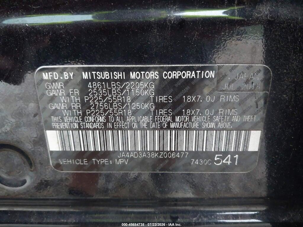 JA4AD3A38KZ006477 2019 MITSUBISHI OUTLANDER photo no. 9