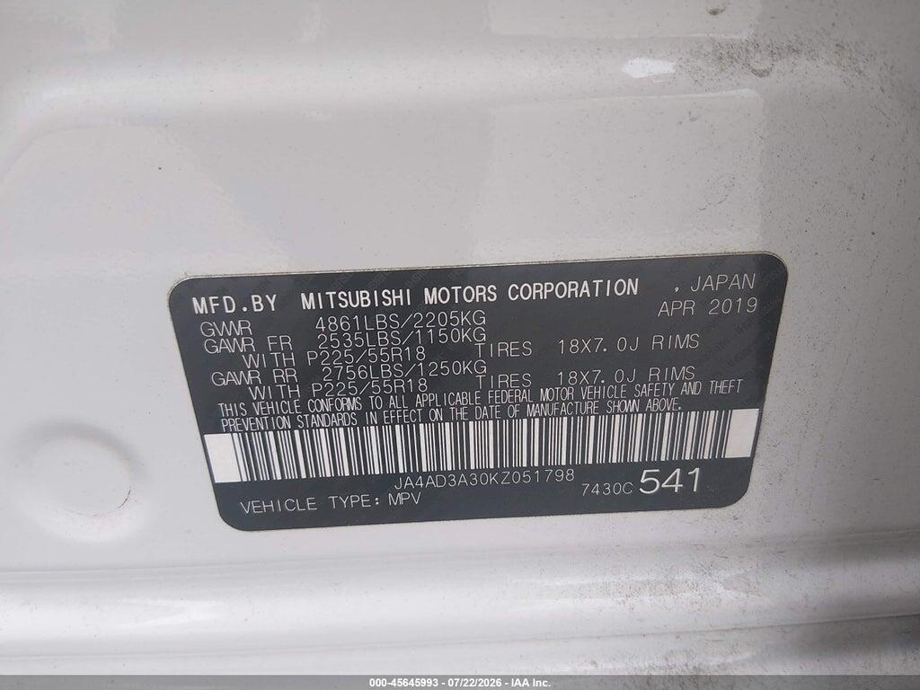 JA4AD3A30KZ051798 2019 MITSUBISHI OUTLANDER photo no. 9