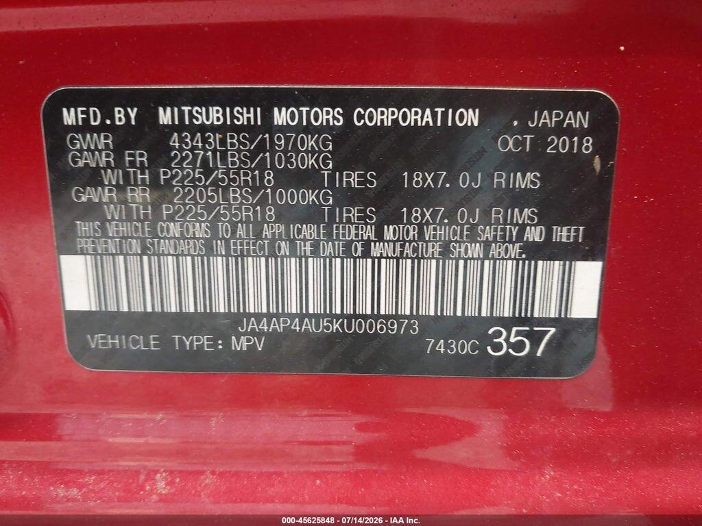 JA4AP4AU5KU006973 2019 MITSUBISHI OUTLANDER SPORT photo no. 9
