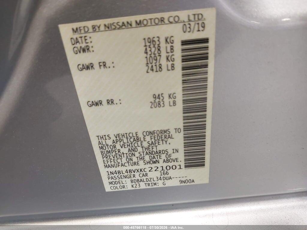 1N4BL4BVXKC221001 2019 NISSAN ALTIMA photo no. 9