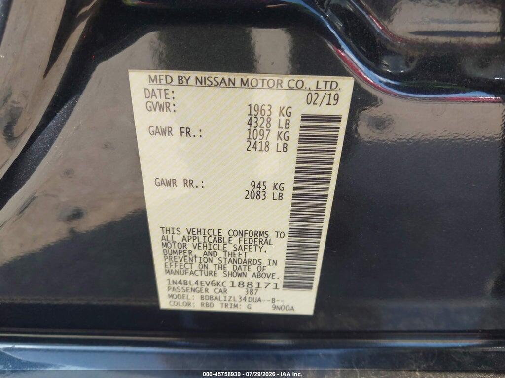 1N4BL4EV6KC188171 2019 NISSAN ALTIMA photo no. 9