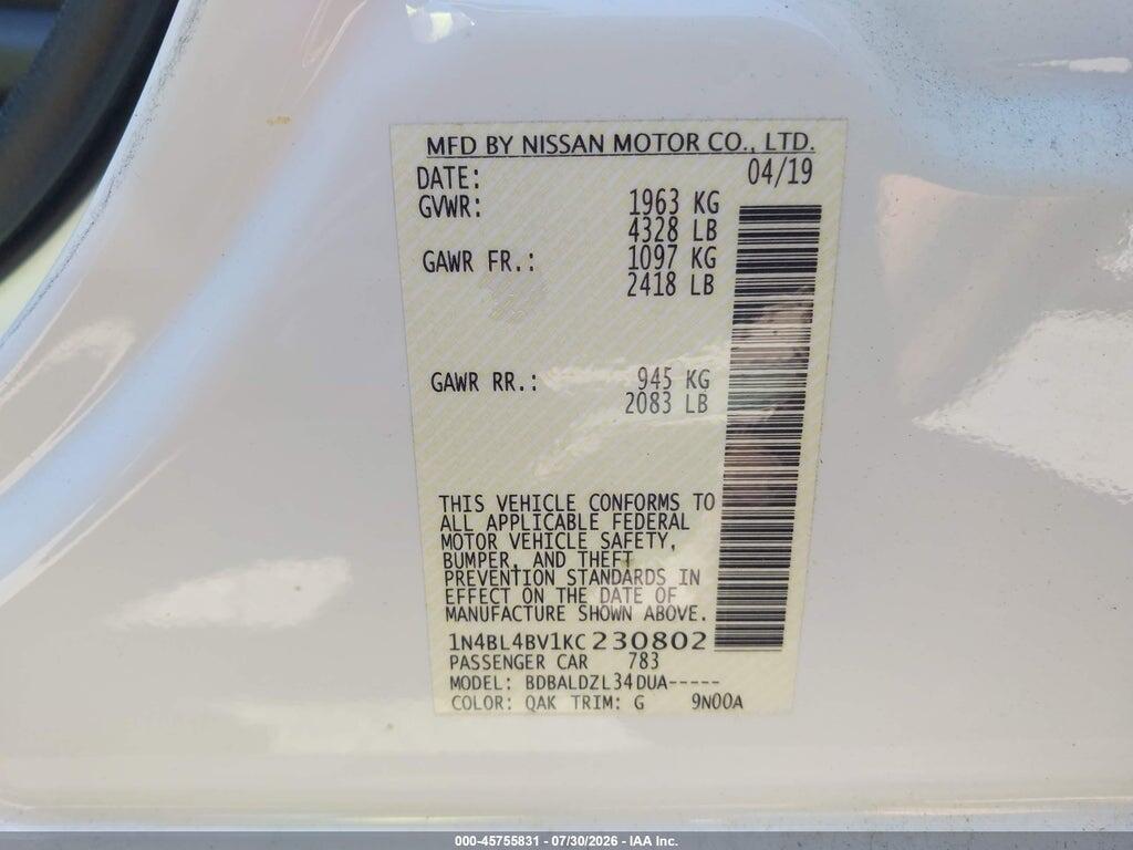 1N4BL4BV1KC230802 2019 NISSAN ALTIMA photo no. 9
