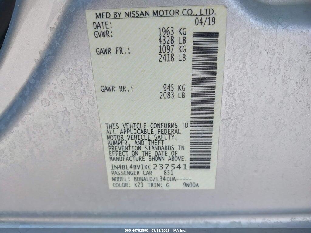 1N4BL4BV1KC237541 2019 NISSAN ALTIMA photo no. 9