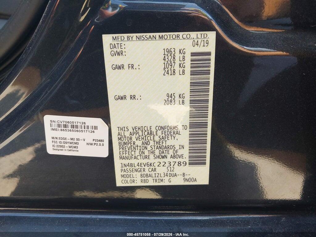 1N4BL4EV6KC223789 2019 NISSAN ALTIMA photo no. 9