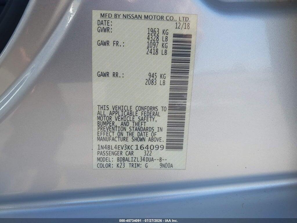 1N4BL4EV3KC164099 2019 NISSAN ALTIMA photo no. 9