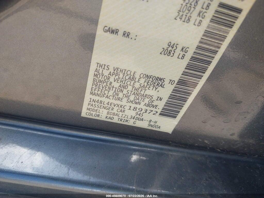 1N4BL4EVXKC189372 2019 NISSAN ALTIMA photo no. 9