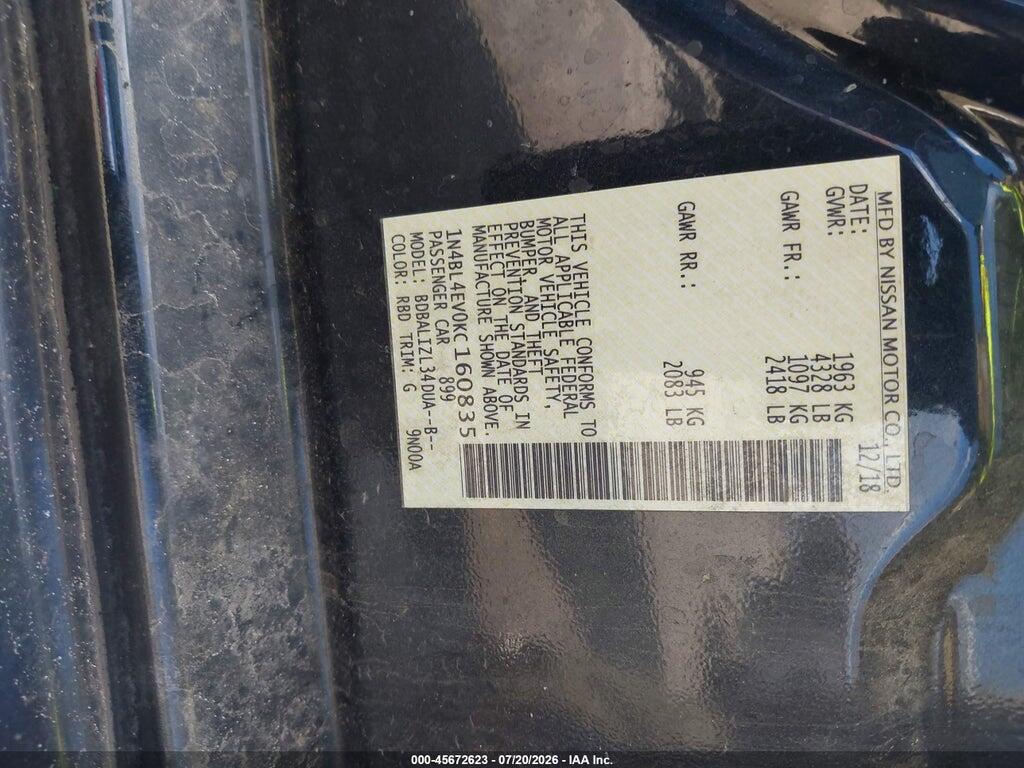1N4BL4EV0KC160835 2019 NISSAN ALTIMA photo no. 9