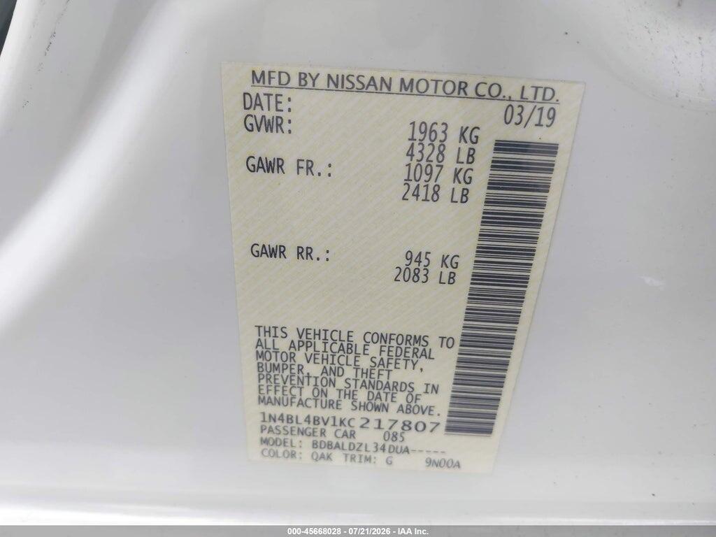 1N4BL4BV1KC217807 2019 NISSAN ALTIMA photo no. 9