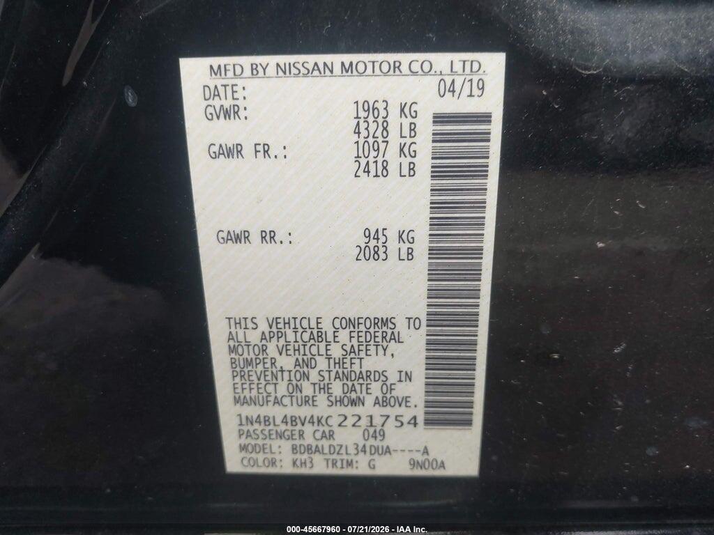 1N4BL4BV4KC221754 2019 NISSAN ALTIMA photo no. 9