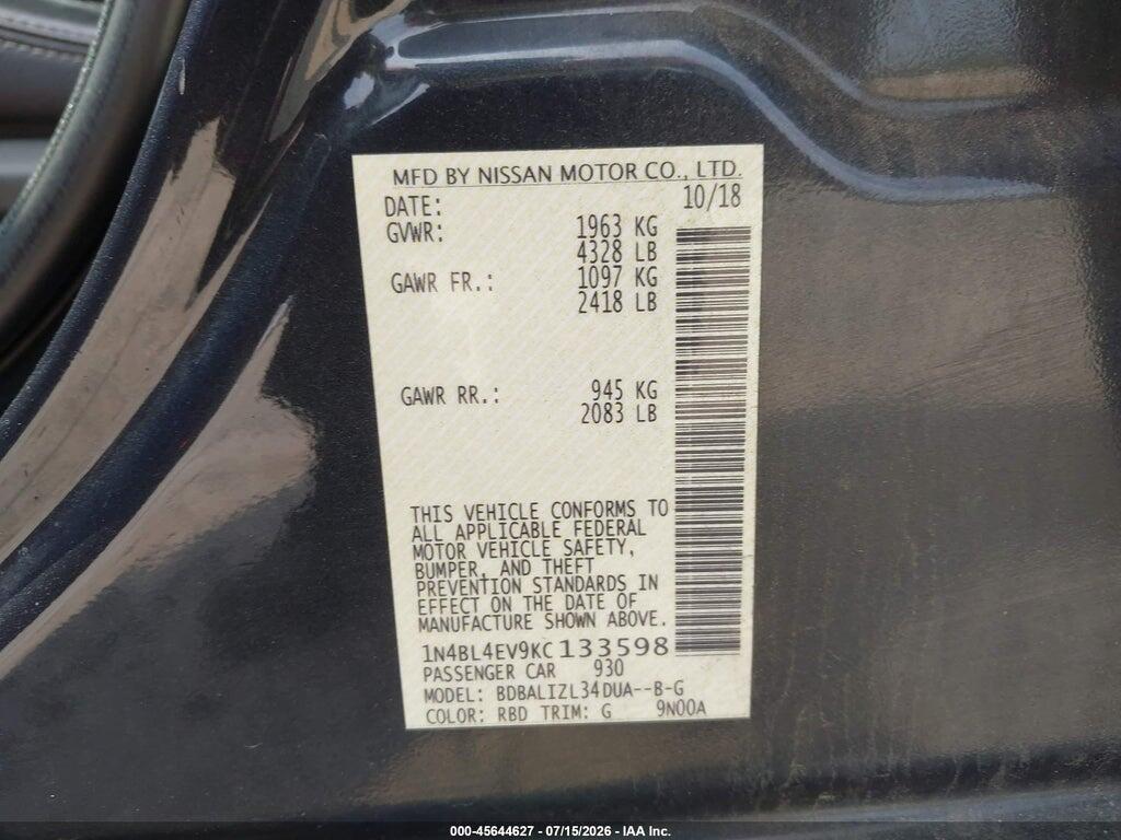 1N4BL4EV9KC133598 2019 NISSAN ALTIMA photo no. 9