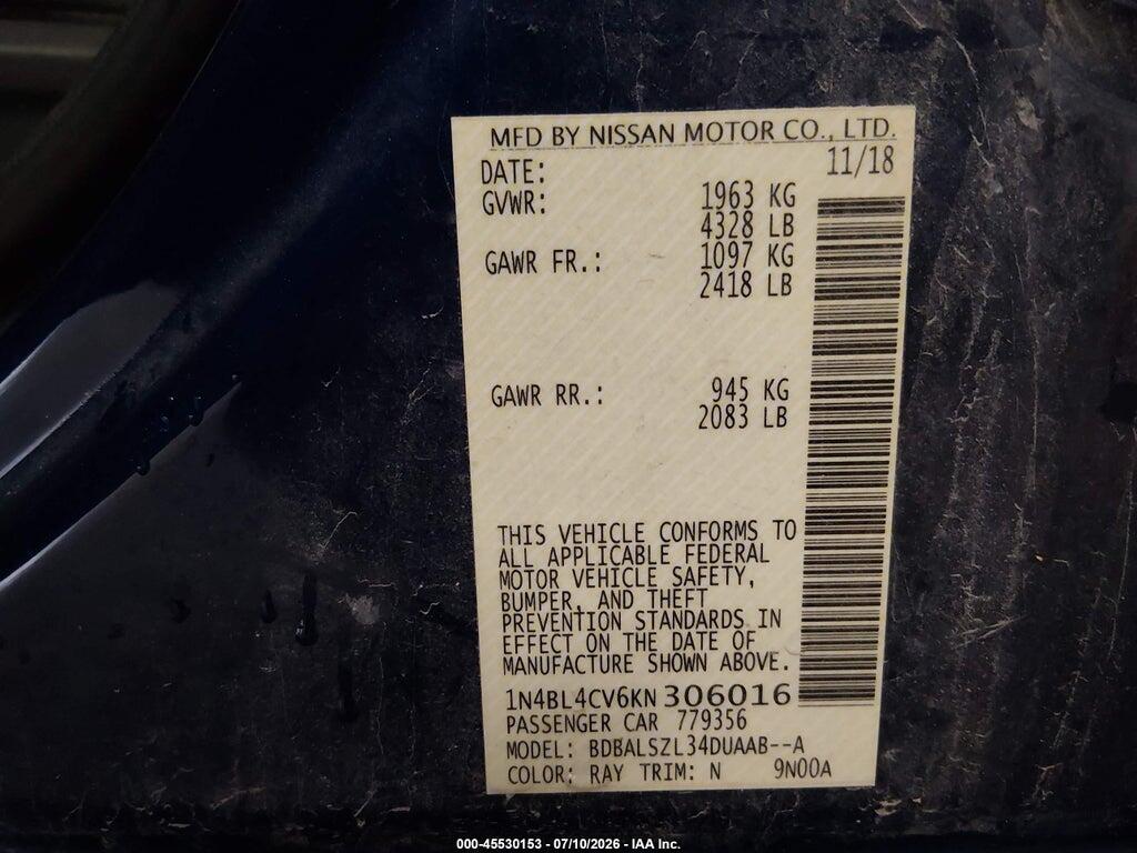 1N4BL4CV6KN306016 2019 NISSAN ALTIMA photo no. 9