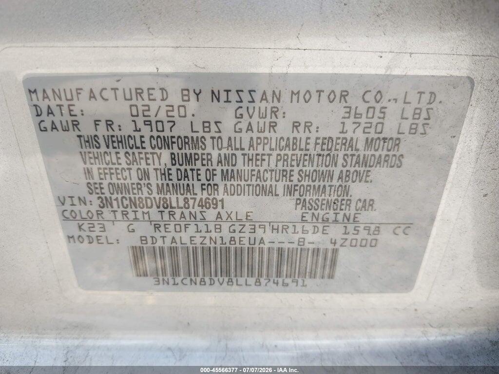 3N1CN8DV8LL874691 2020 NISSAN VERSA photo no. 9