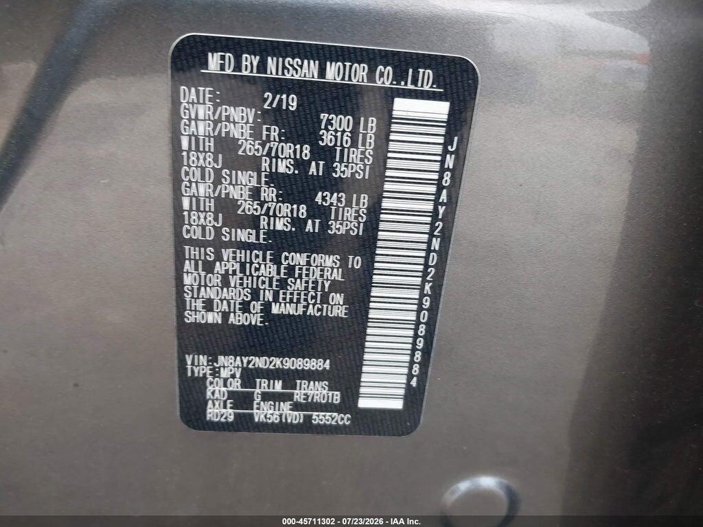 JN8AY2ND2K9089884 2019 NISSAN ARMADA photo no. 9
