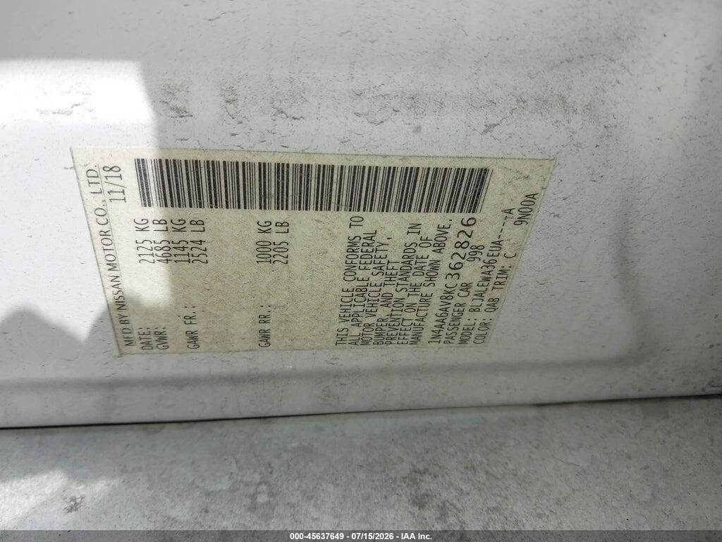 1N4AA6AV8KC362826 2019 NISSAN MAXIMA photo no. 9