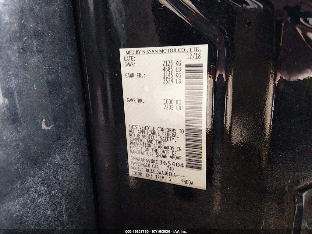 1N4AA6AV8KC365404 2019 NISSAN MAXIMA photo no. 9