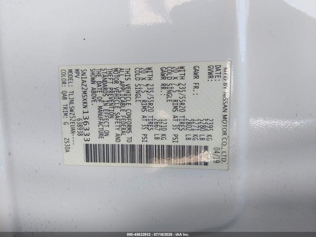 5N1AZ2MSXKN136333 2019 NISSAN MURANO photo no. 9