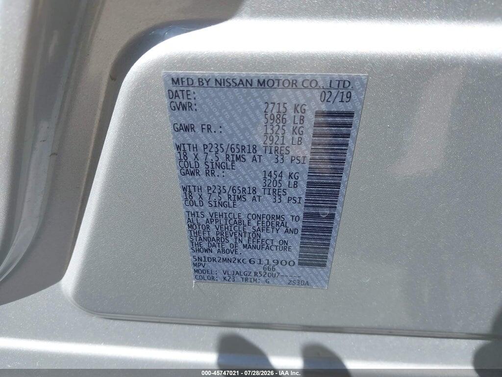 5N1DR2MN2KC611900 2019 NISSAN PATHFINDER photo no. 9