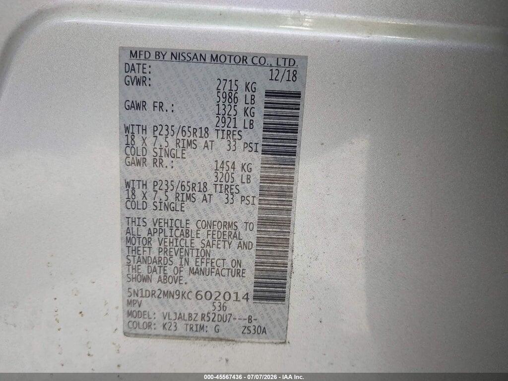 5N1DR2MN9KC602014 2019 NISSAN PATHFINDER photo no. 9