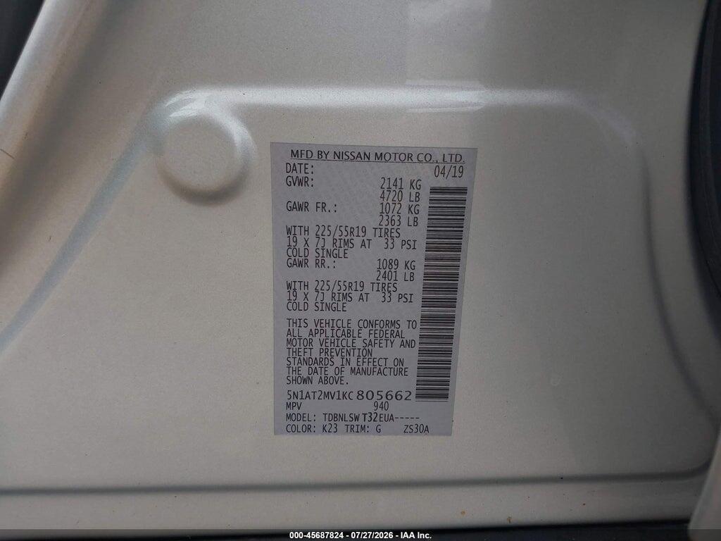 5N1AT2MV1KC805662 2019 NISSAN ROGUE photo no. 9