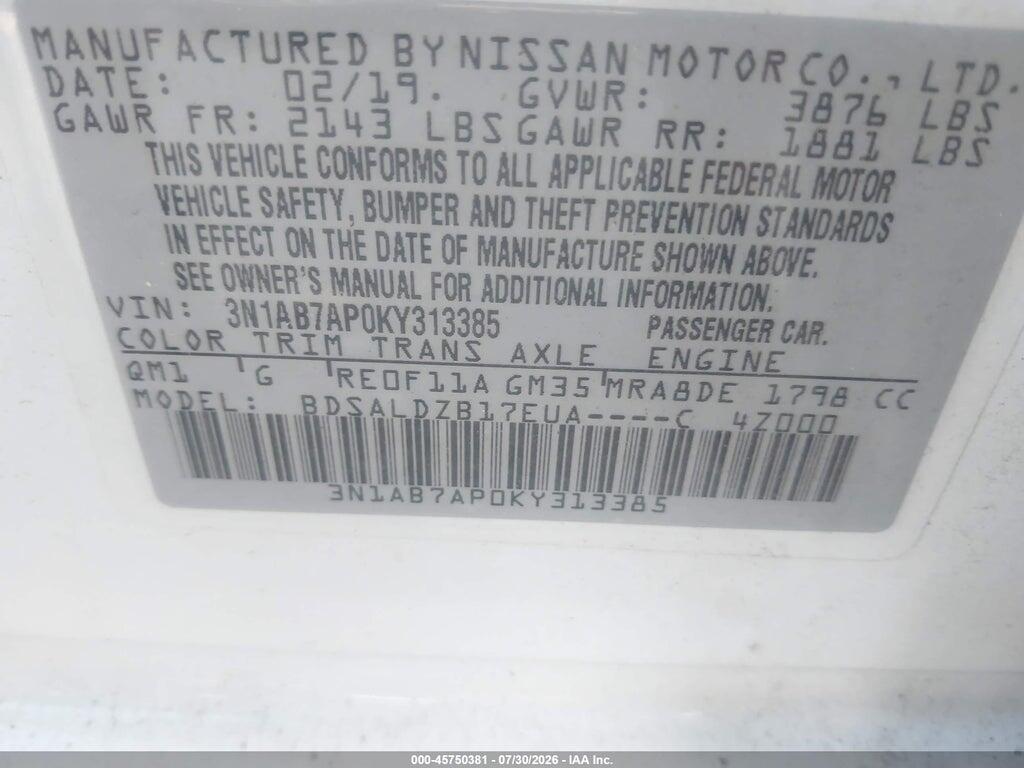 3N1AB7AP0KY313385 2019 NISSAN SENTRA photo no. 9
