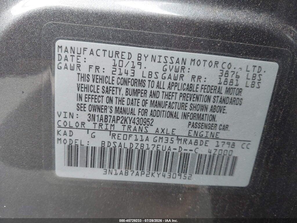 3N1AB7AP2KY430952 2019 NISSAN SENTRA photo no. 9