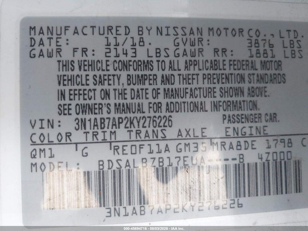 3N1AB7AP2KY276226 2019 NISSAN SENTRA photo no. 9