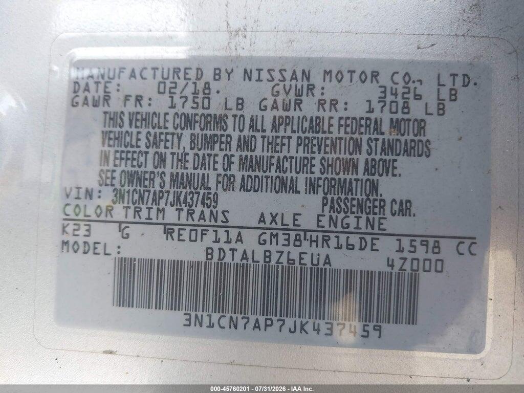 3N1CN7AP7JK437459 2018 NISSAN VERSA photo no. 9