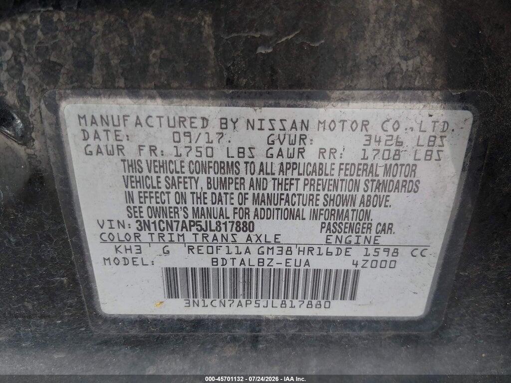 3N1CN7AP5JL817880 2018 NISSAN VERSA photo no. 9