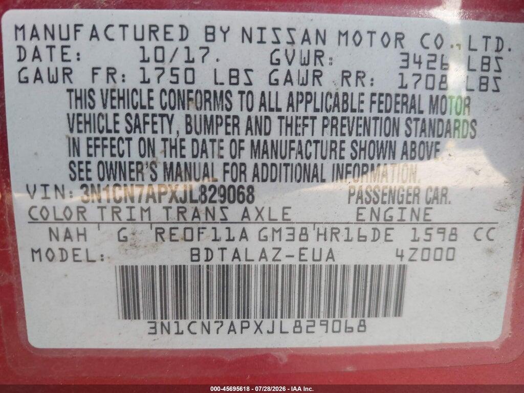 3N1CN7APXJL829068 2018 NISSAN VERSA photo no. 9