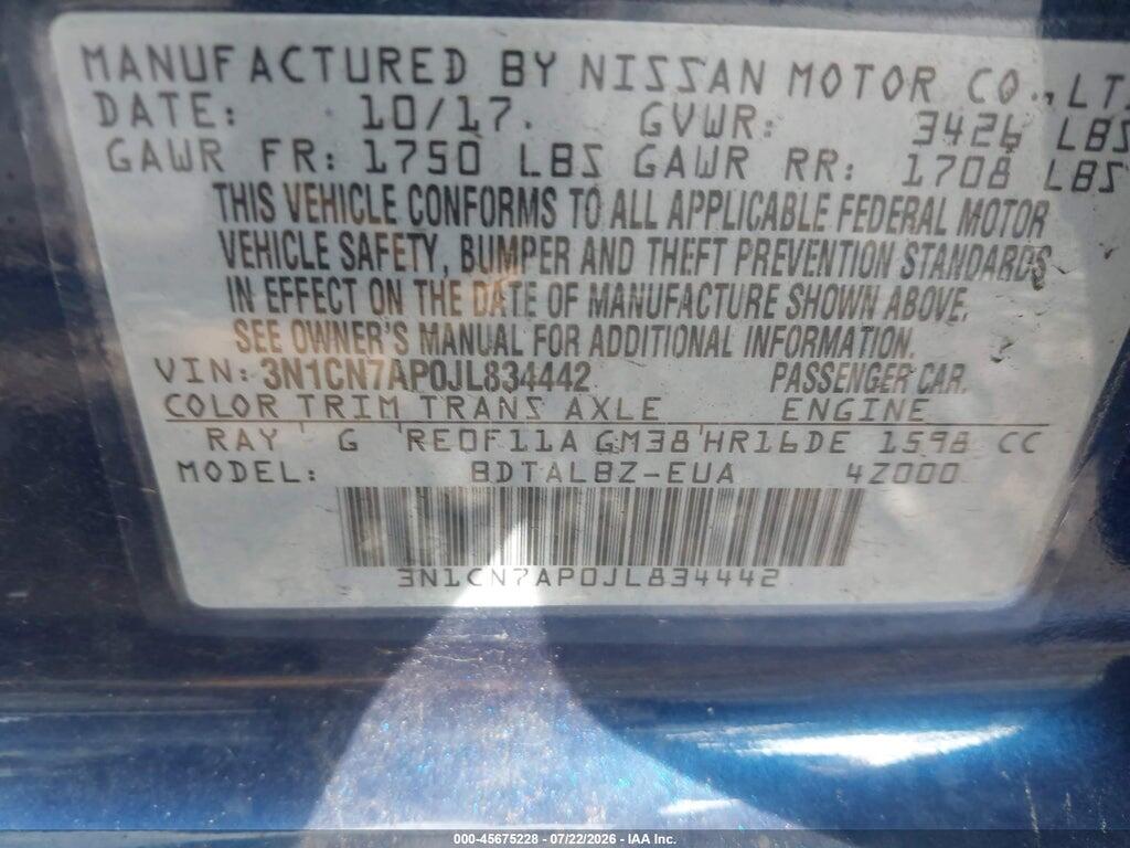 3N1CN7AP0JL834442 2018 NISSAN VERSA photo no. 9
