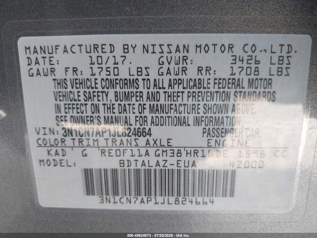 3N1CN7AP1JL824664 2018 NISSAN VERSA photo no. 9