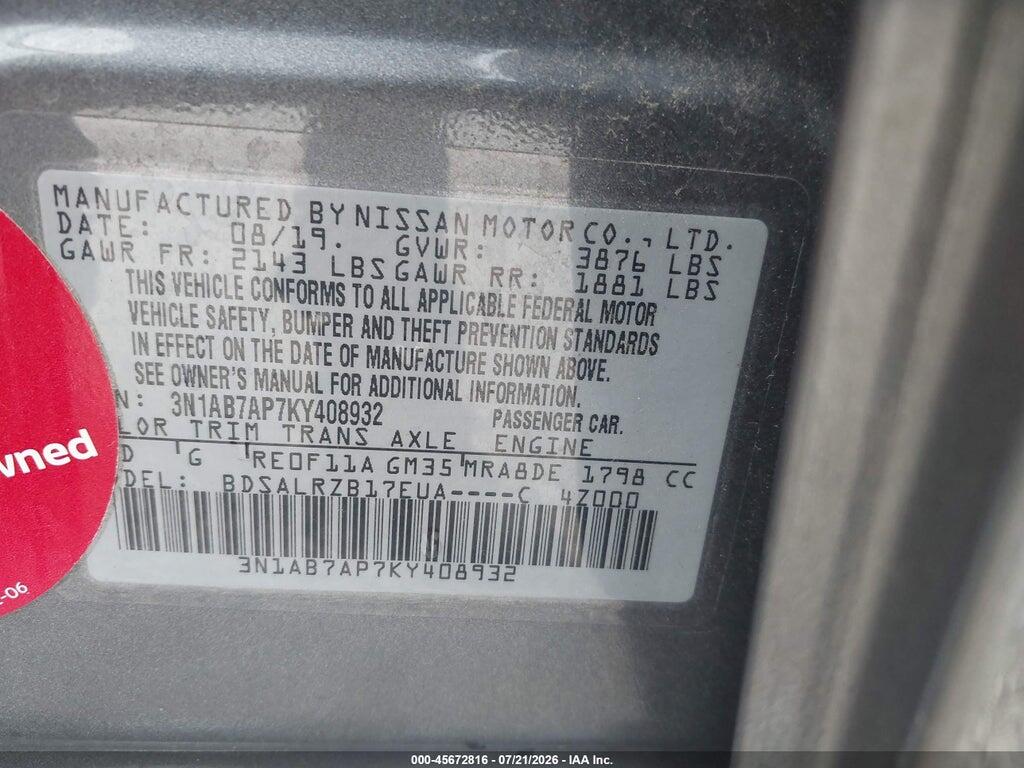 3N1AB7AP7KY408932 2019 NISSAN SENTRA photo no. 9