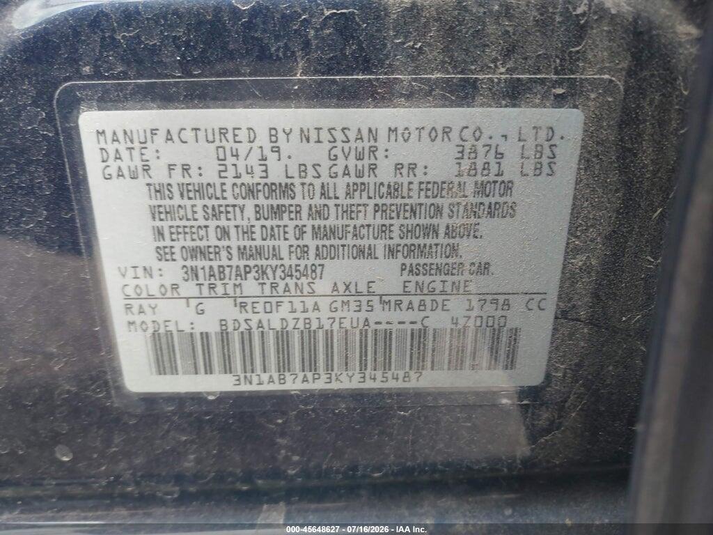 3N1AB7AP3KY345487 2019 NISSAN SENTRA photo no. 9