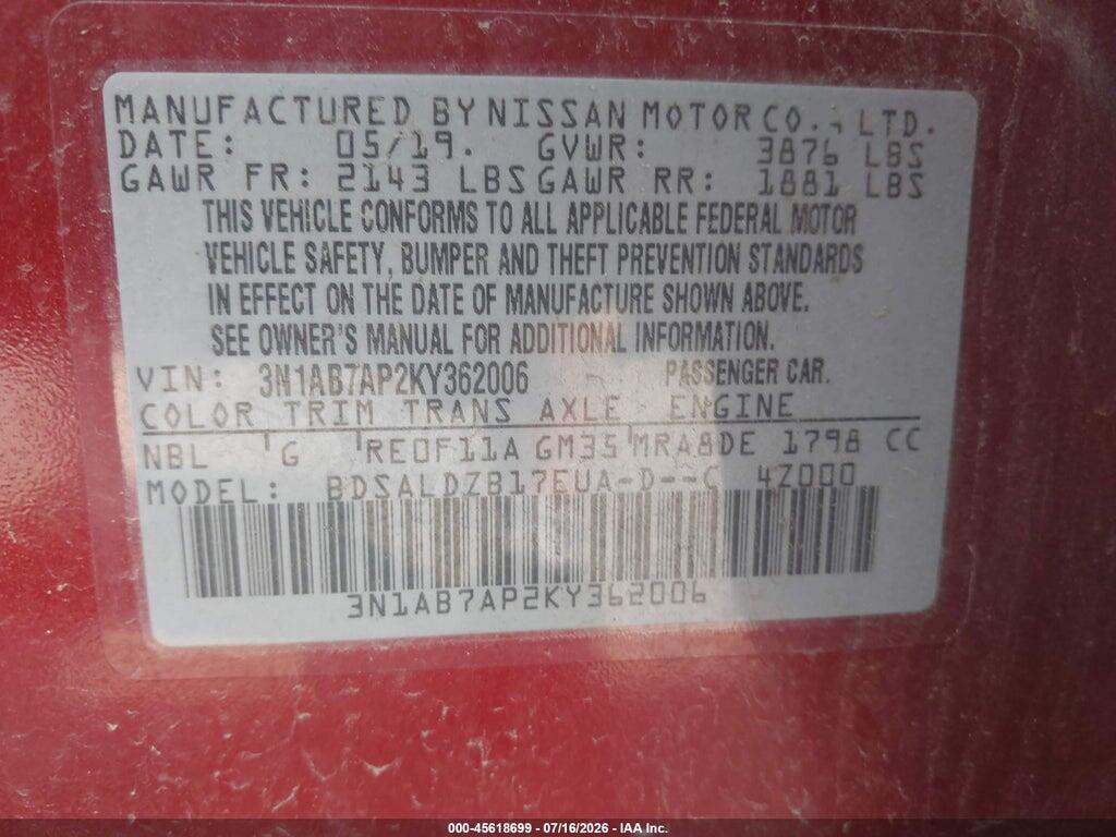 3N1AB7AP2KY362006 2019 NISSAN SENTRA photo no. 9