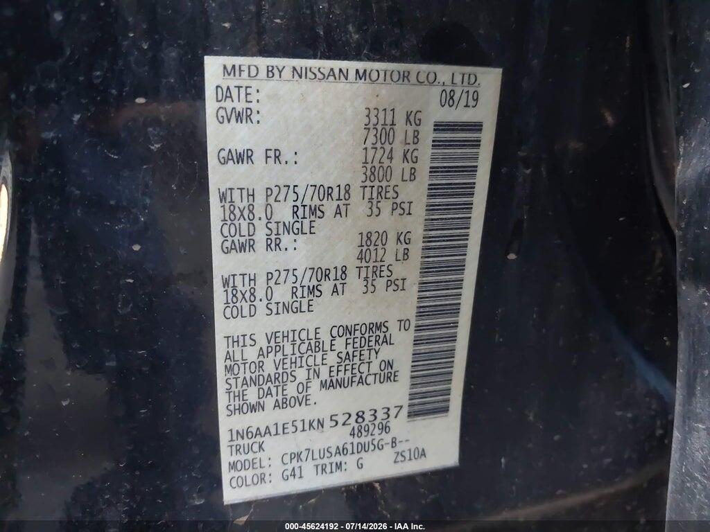 1N6AA1E51KN528337 2019 NISSAN TITAN photo no. 9