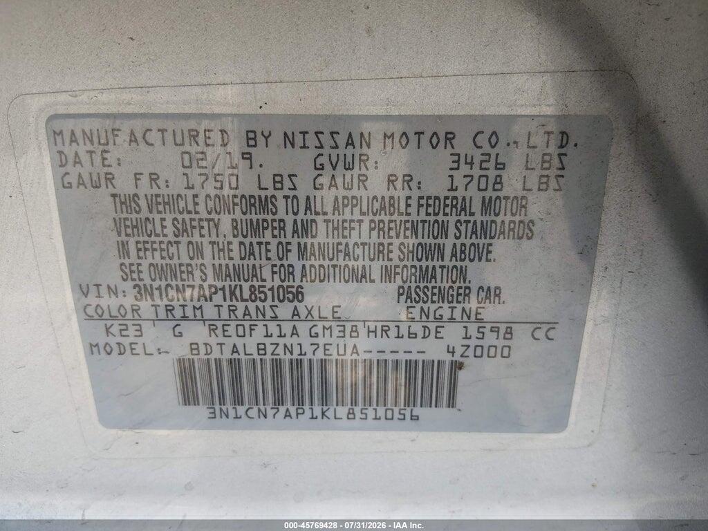 3N1CN7AP1KL851056 2019 NISSAN VERSA photo no. 9