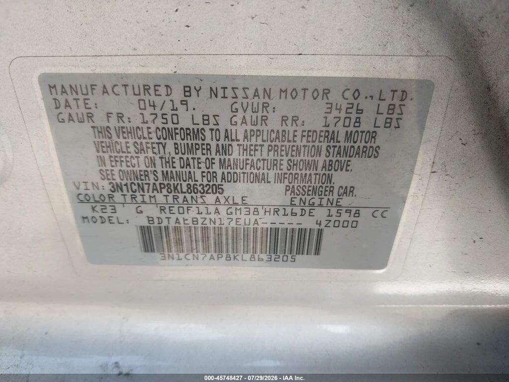 3N1CN7AP8KL863205 2019 NISSAN VERSA photo no. 9