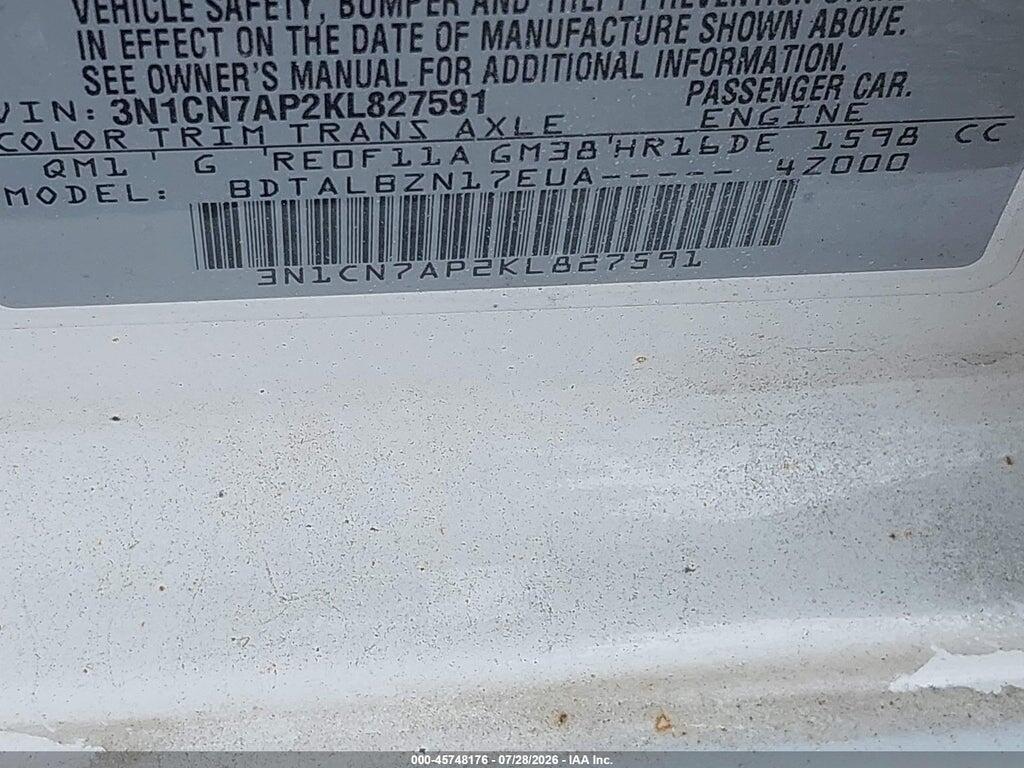 3N1CN7AP2KL827591 2019 NISSAN VERSA photo no. 9