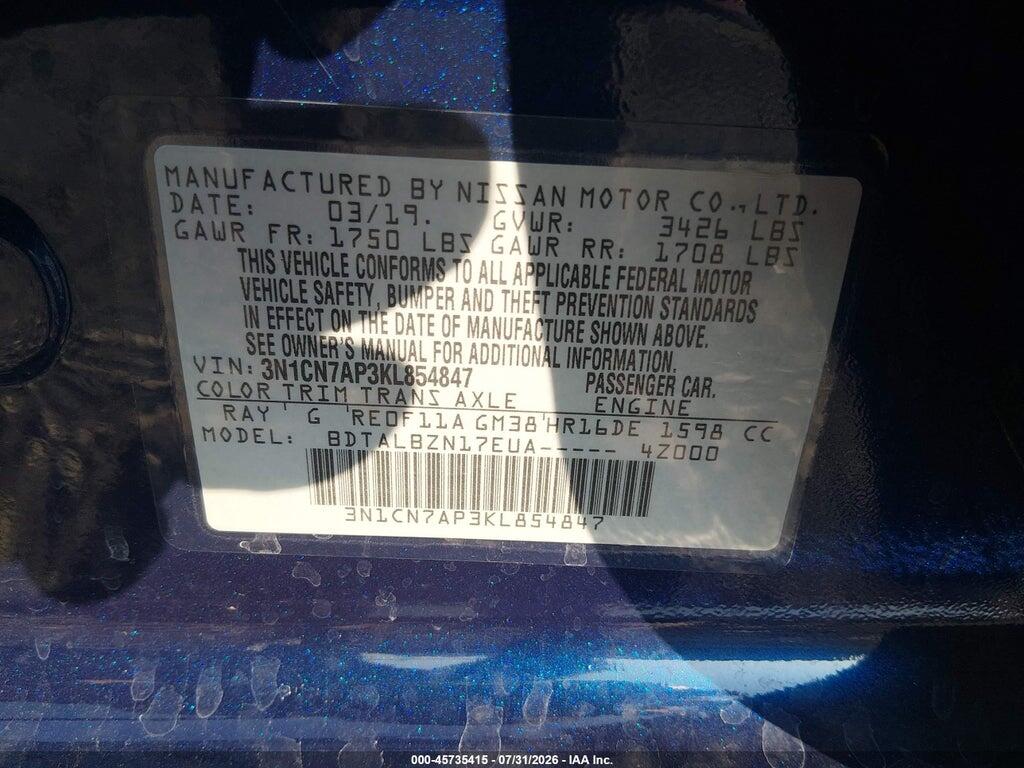 3N1CN7AP3KL854847 2019 NISSAN VERSA photo no. 9