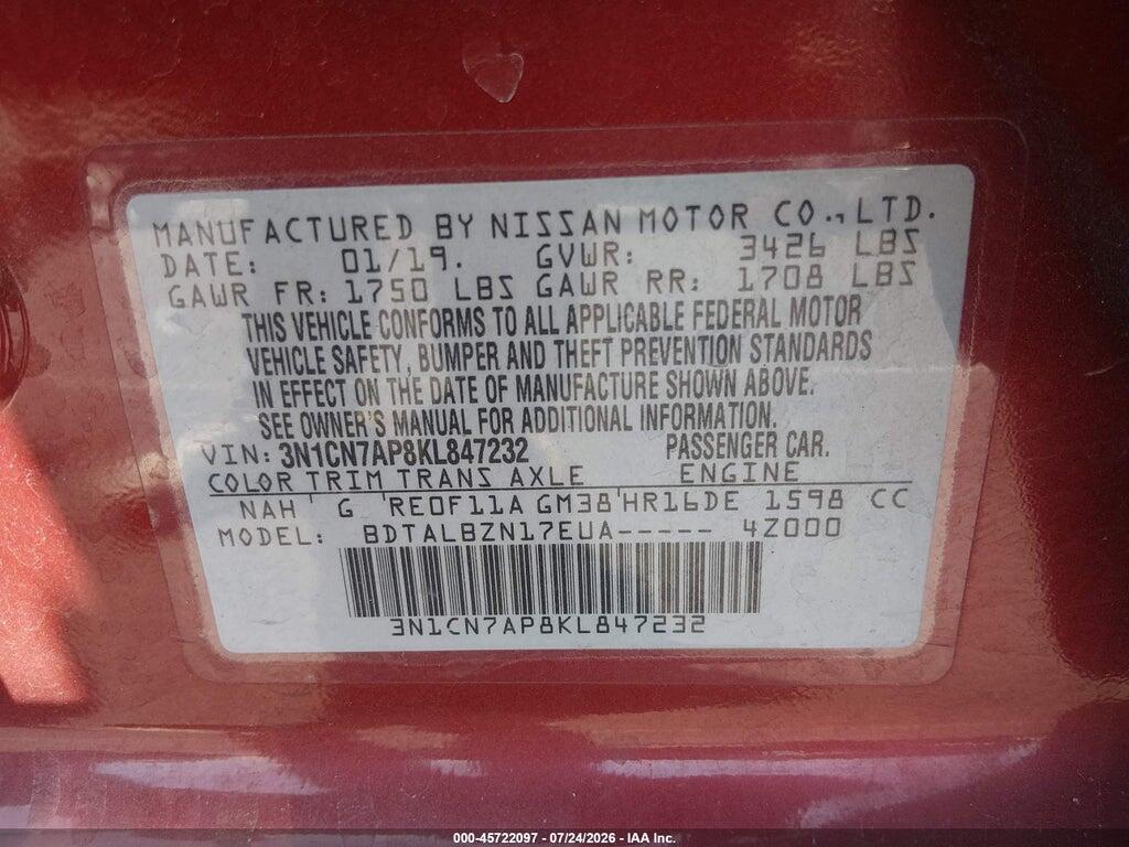 3N1CN7AP8KL847232 2019 NISSAN VERSA photo no. 9