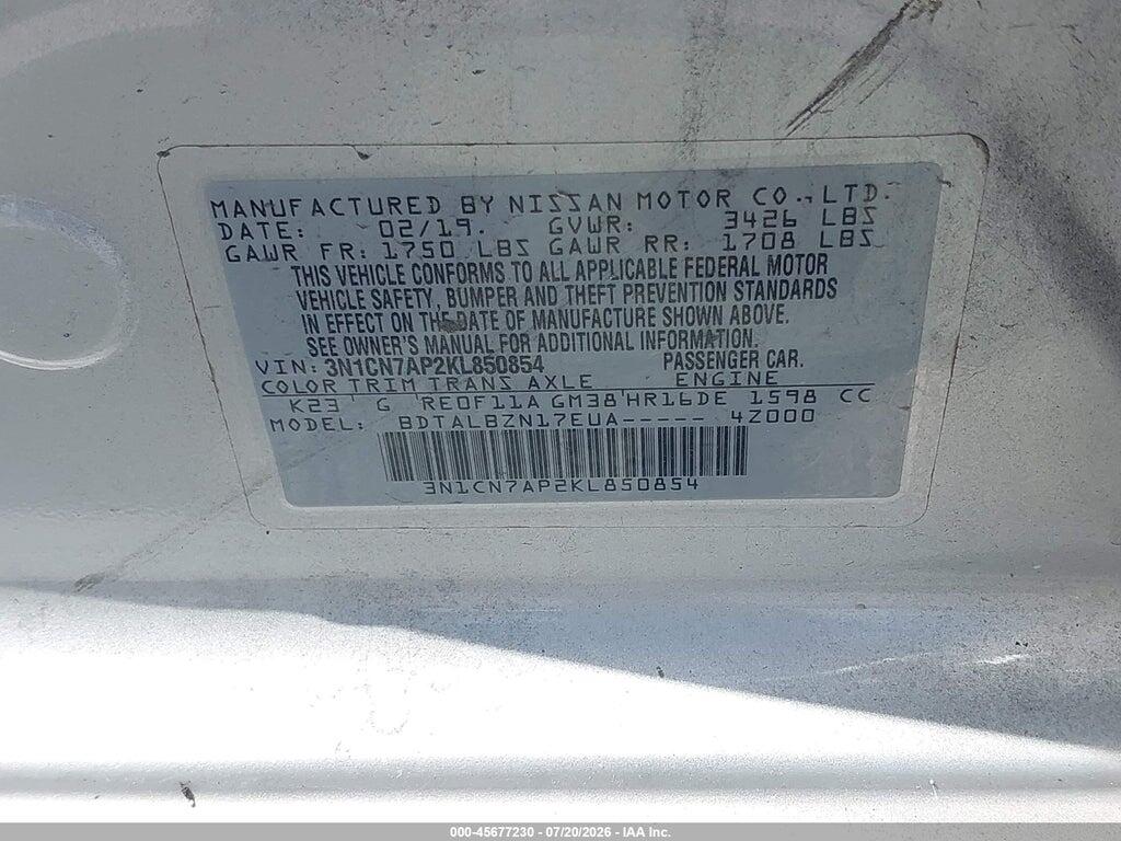 3N1CN7AP2KL850854 2019 NISSAN VERSA photo no. 9