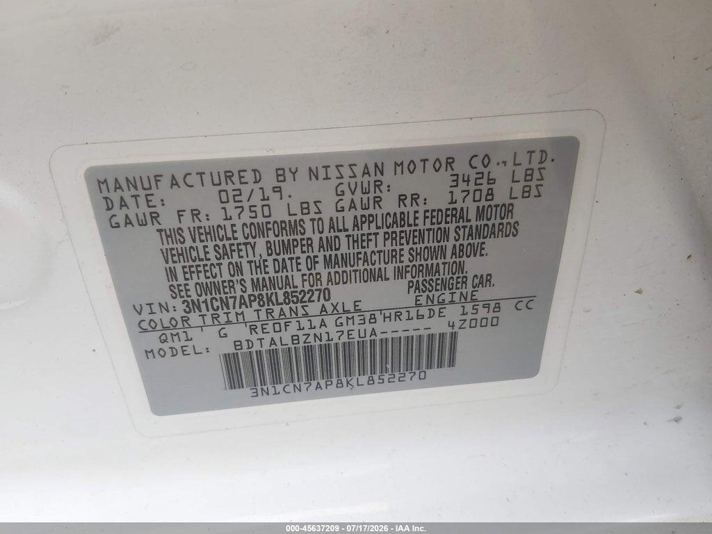 3N1CN7AP8KL852270 2019 NISSAN VERSA photo no. 9