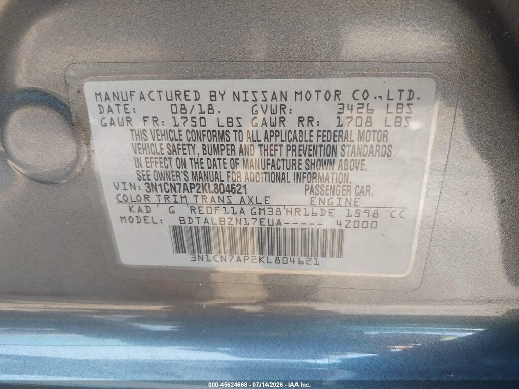 3N1CN7AP2KL804621 2019 NISSAN VERSA photo no. 9