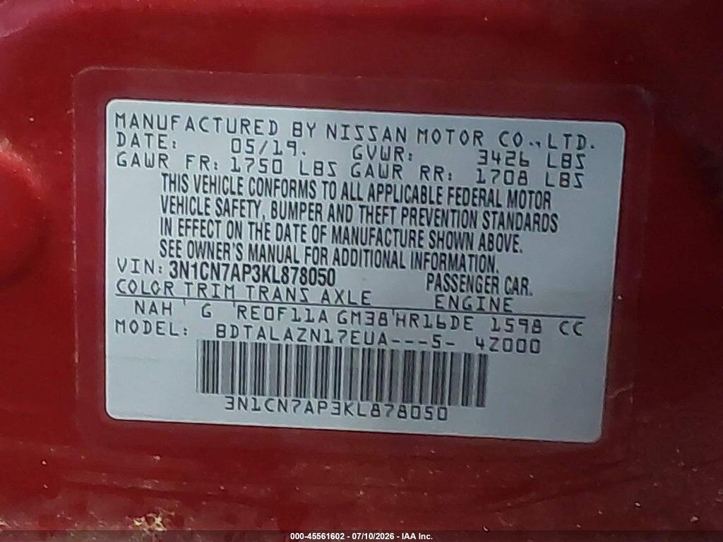 3N1CN7AP3KL878050 2019 NISSAN VERSA photo no. 9